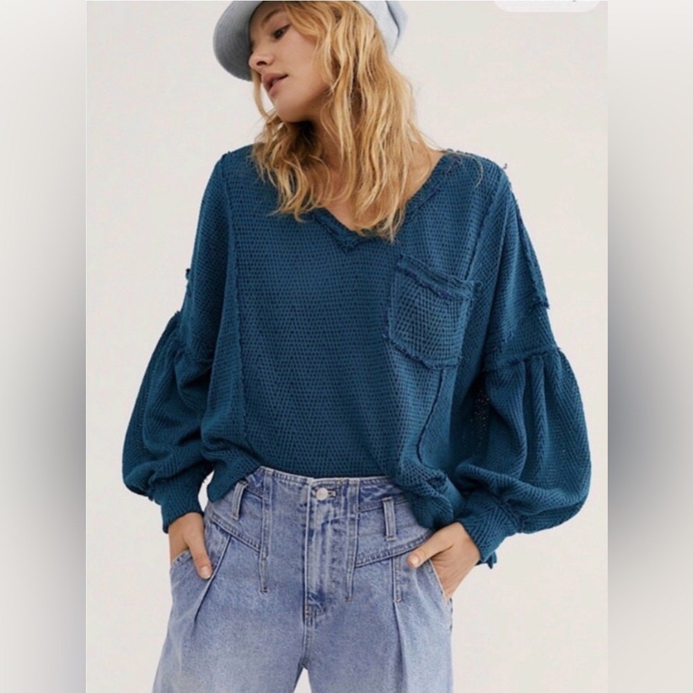 We The Free Teal Chevron Knit Open Weave Front Pocket Puff Sleeve Sweater Medium